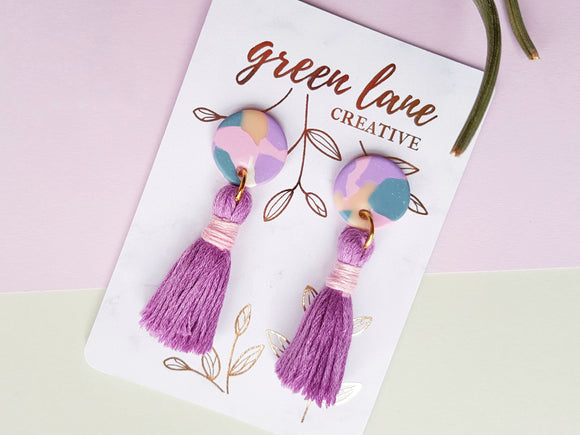 pink and purple terrazzo and tassel earrings by Green Lane Creative