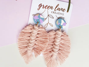 Blush macrame feather earrings