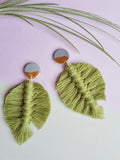 Grey and gold polymer clay stud earring with macrame feather